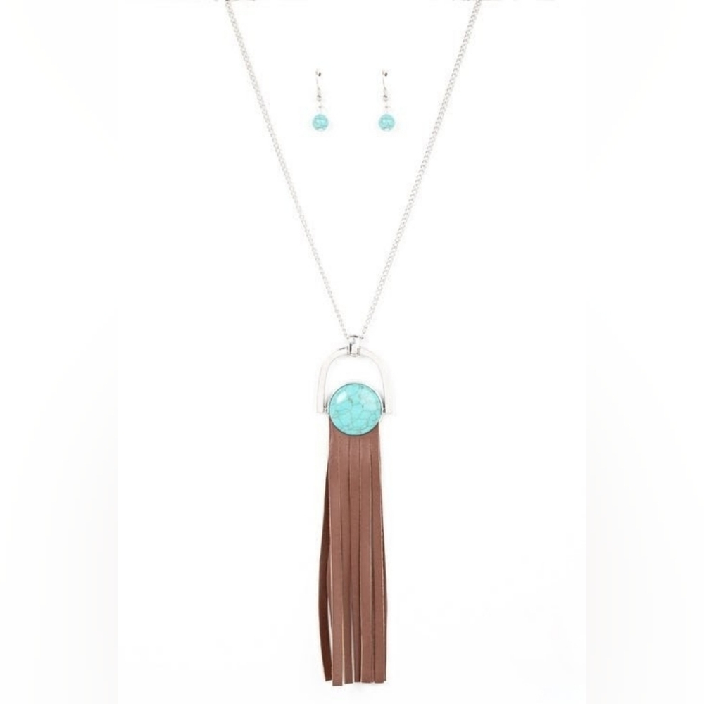 NWT Winslow Wanderer Blue Turquoise Necklace with Brown Leather Tassell